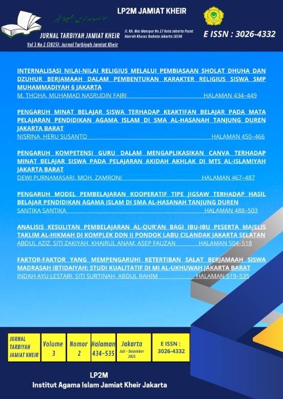 					Lihat Vol 3 No 2 (2025): Jurnal Tarbiyah Jamiat Kheir
				